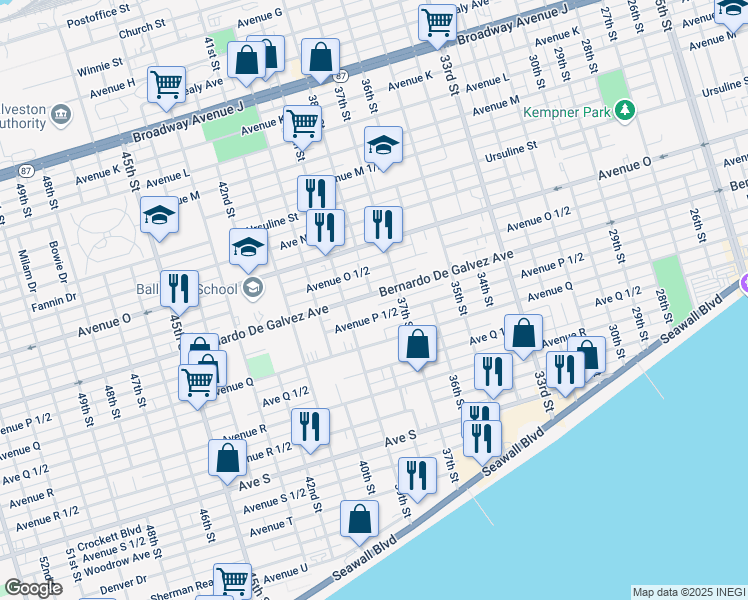 map of restaurants, bars, coffee shops, grocery stores, and more near 3715 Bernardo De Galvez Avenue in Galveston
