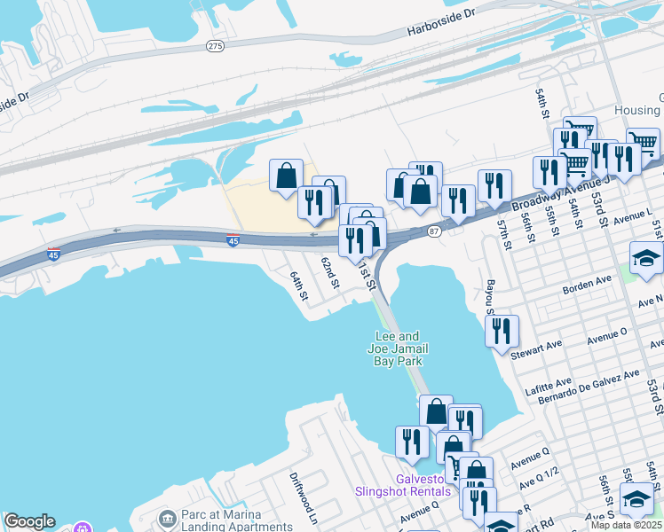 map of restaurants, bars, coffee shops, grocery stores, and more near 1010 62nd Street in Galveston