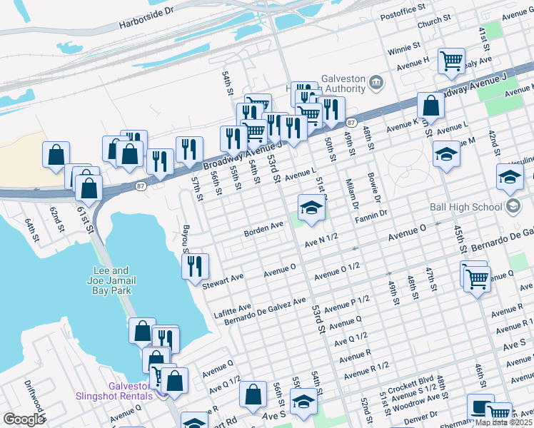map of restaurants, bars, coffee shops, grocery stores, and more near 5415 Avenue M in Galveston