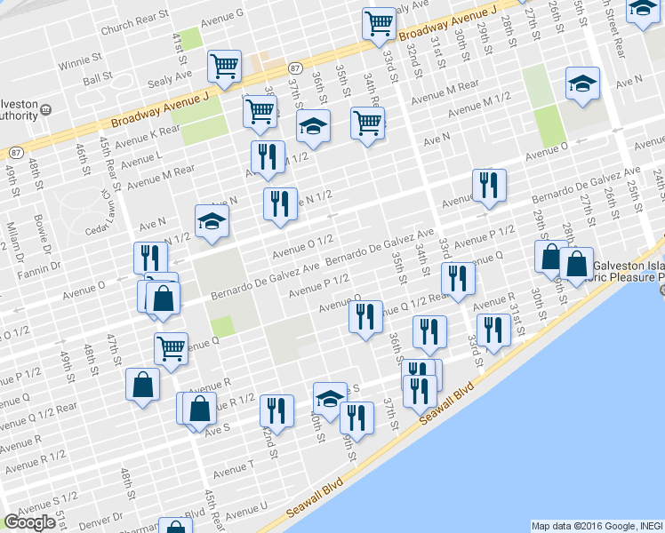 map of restaurants, bars, coffee shops, grocery stores, and more near 3715 Bernardo De Galvez Avenue in Galveston