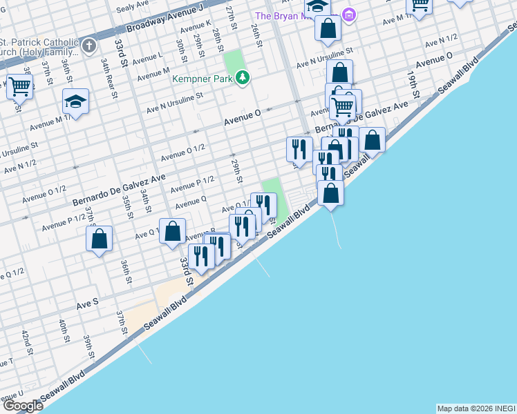 map of restaurants, bars, coffee shops, grocery stores, and more near 2217 28th Street Rear in Galveston