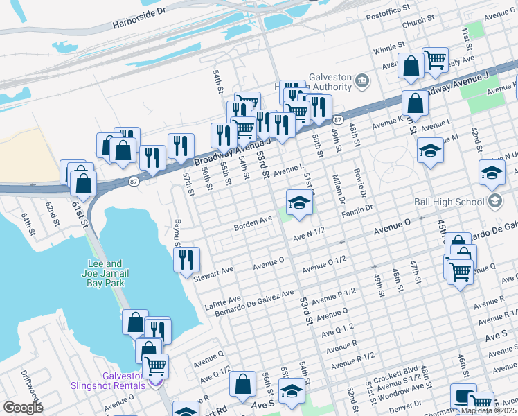 map of restaurants, bars, coffee shops, grocery stores, and more near 1318 54th Street in Galveston