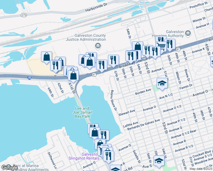 map of restaurants, bars, coffee shops, grocery stores, and more near 1127 Bayou Circle in Galveston
