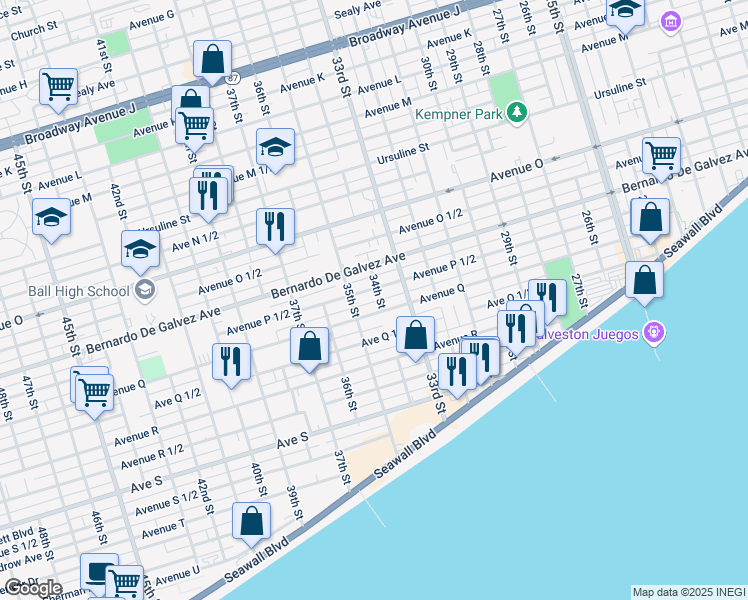 map of restaurants, bars, coffee shops, grocery stores, and more near 2009 34th Street in Galveston