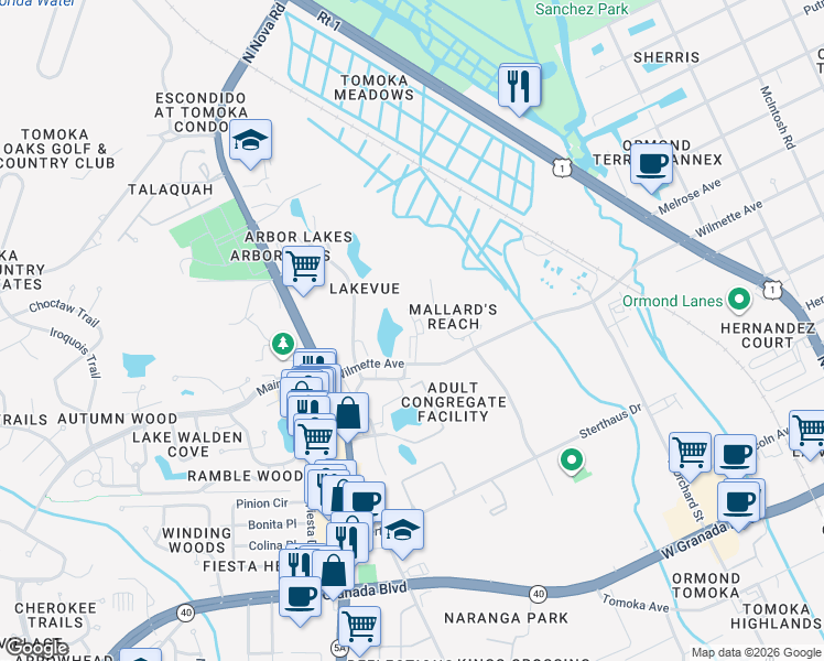 map of restaurants, bars, coffee shops, grocery stores, and more near 875 Wilmette Avenue in Ormond Beach