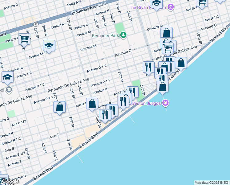 map of restaurants, bars, coffee shops, grocery stores, and more near 3002 Avenue Q 1/2 in Galveston
