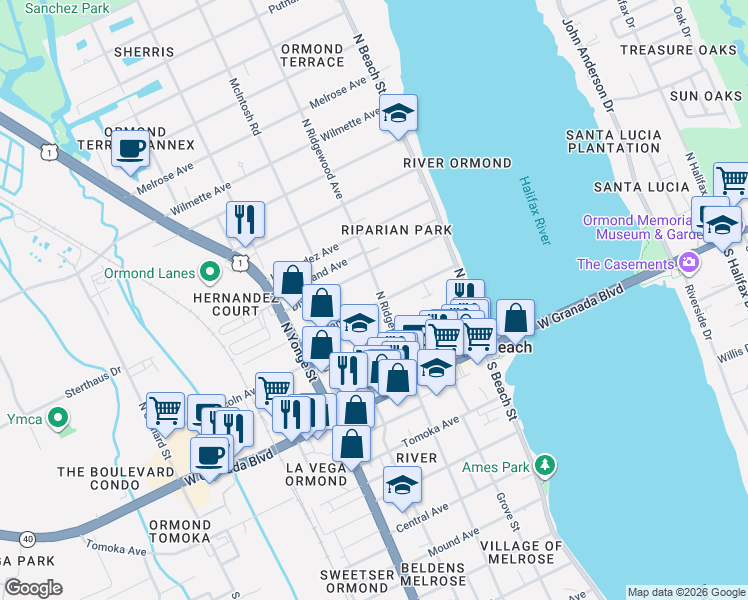 map of restaurants, bars, coffee shops, grocery stores, and more near 121 Highland Avenue in Ormond Beach