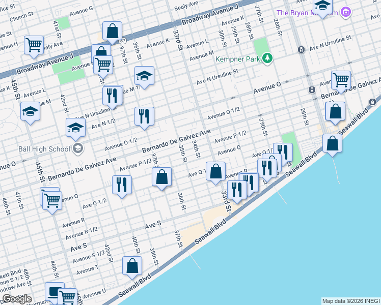 map of restaurants, bars, coffee shops, grocery stores, and more near 2009 34th Street in Galveston