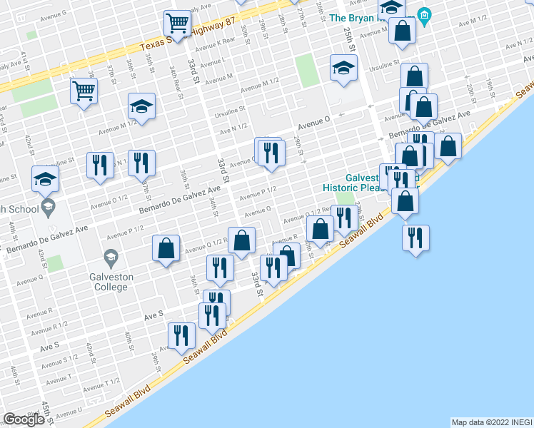 map of restaurants, bars, coffee shops, grocery stores, and more near 3115 Avenue Q in Galveston