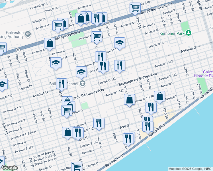 map of restaurants, bars, coffee shops, grocery stores, and more near 1815 39th Street in Galveston