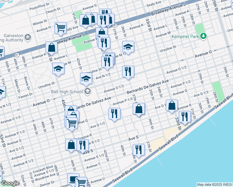 map of restaurants, bars, coffee shops, grocery stores, and more near 3828 Bernardo De Galvez Avenue in Galveston