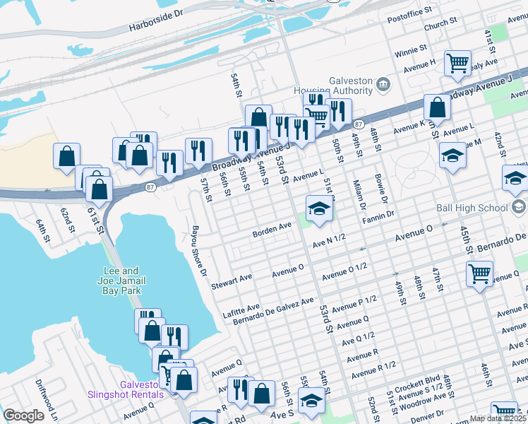 map of restaurants, bars, coffee shops, grocery stores, and more near 5415 Avenue M in Galveston