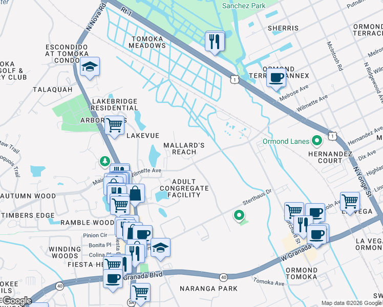 map of restaurants, bars, coffee shops, grocery stores, and more near 5 Manderley Lane in Ormond Beach