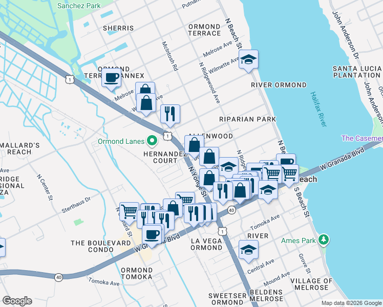 map of restaurants, bars, coffee shops, grocery stores, and more near 175 Florida 5 in Ormond Beach