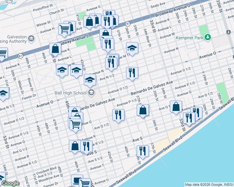 map of restaurants, bars, coffee shops, grocery stores, and more near 3828 Bernardo De Galvez Avenue in Galveston