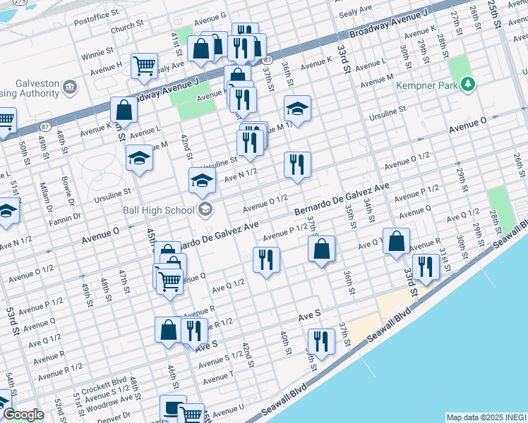 map of restaurants, bars, coffee shops, grocery stores, and more near 3828 Bernardo De Galvez Avenue in Galveston