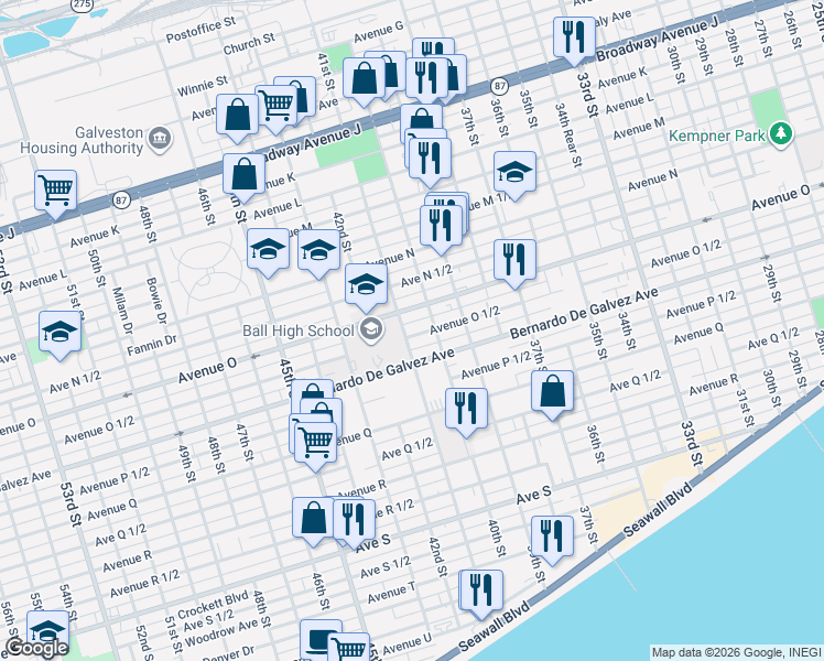 map of restaurants, bars, coffee shops, grocery stores, and more near 1728 41st Street in Galveston