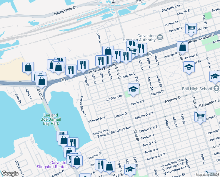 map of restaurants, bars, coffee shops, grocery stores, and more near 5415 Avenue M in Galveston