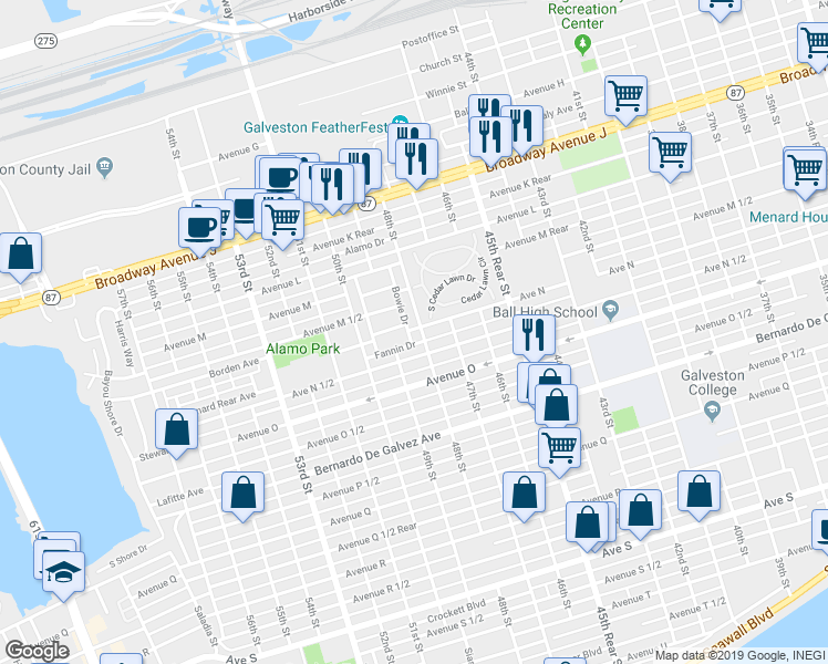 map of restaurants, bars, coffee shops, grocery stores, and more near 1500 Bowie Drive in Galveston