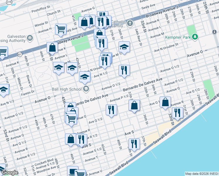 map of restaurants, bars, coffee shops, grocery stores, and more near 3828 Bernardo De Galvez Avenue in Galveston