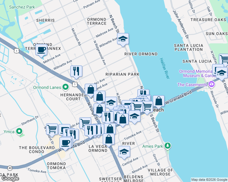 map of restaurants, bars, coffee shops, grocery stores, and more near 121 Highland Avenue in Ormond Beach