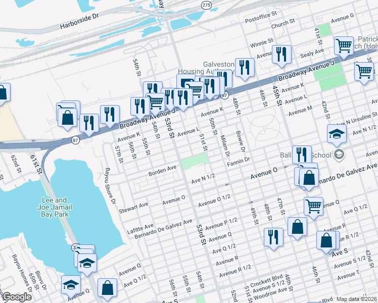map of restaurants, bars, coffee shops, grocery stores, and more near 5101 1/2 Avenue M in Galveston