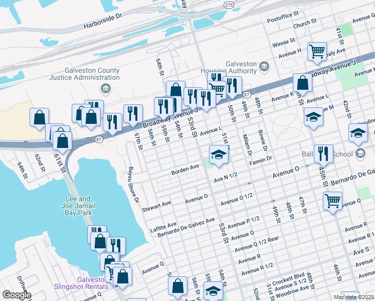 map of restaurants, bars, coffee shops, grocery stores, and more near 5327 Avenue M in Galveston