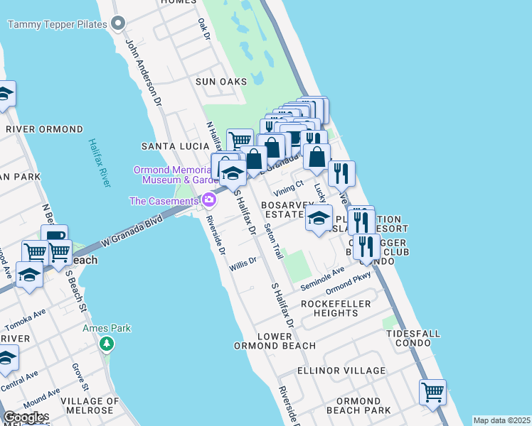 map of restaurants, bars, coffee shops, grocery stores, and more near 65 Seton Trail in Ormond Beach