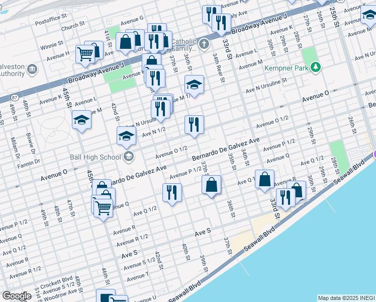 map of restaurants, bars, coffee shops, grocery stores, and more near 3702 Avenue O 1/2 in Galveston