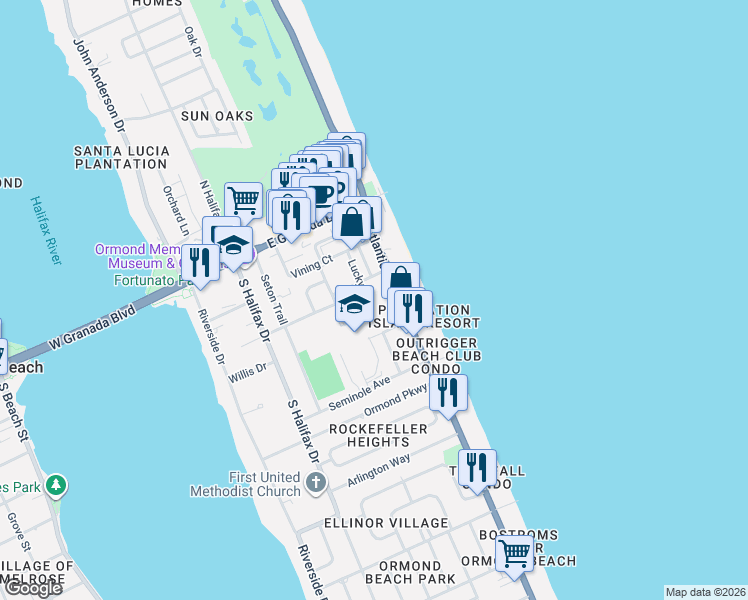 map of restaurants, bars, coffee shops, grocery stores, and more near 100 South Atlantic Avenue in Ormond Beach