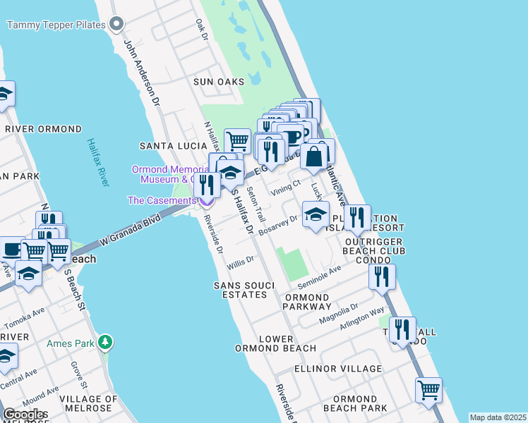 map of restaurants, bars, coffee shops, grocery stores, and more near 55 Seton Trail in Ormond Beach