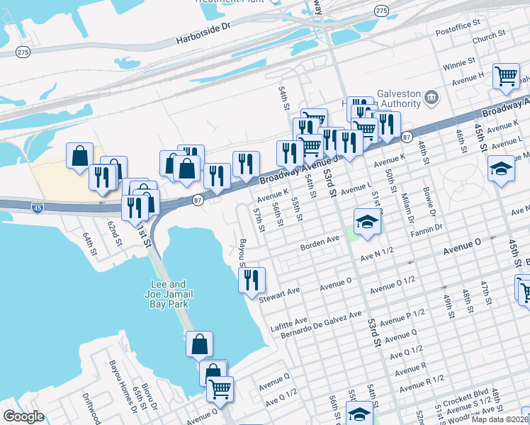 map of restaurants, bars, coffee shops, grocery stores, and more near 5618 Avenue L in Galveston