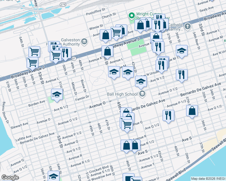 map of restaurants, bars, coffee shops, grocery stores, and more near 4407 Avenue N in Galveston