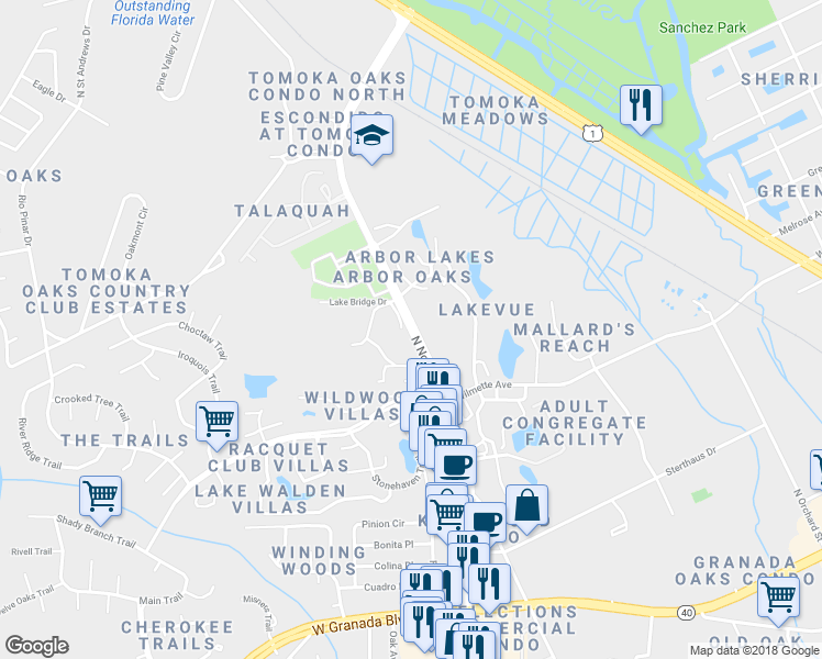 map of restaurants, bars, coffee shops, grocery stores, and more near North Nova Road in Ormond Beach