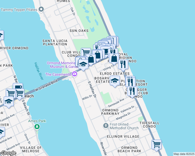 map of restaurants, bars, coffee shops, grocery stores, and more near 55 Seton Trail in Ormond Beach