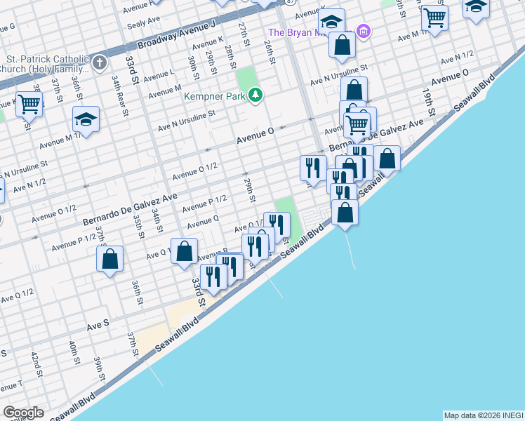 map of restaurants, bars, coffee shops, grocery stores, and more near 2828 Avenue Q in Galveston