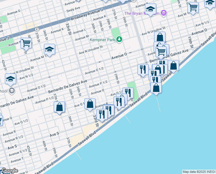 map of restaurants, bars, coffee shops, grocery stores, and more near 2927 Avenue P 1/2 in Galveston