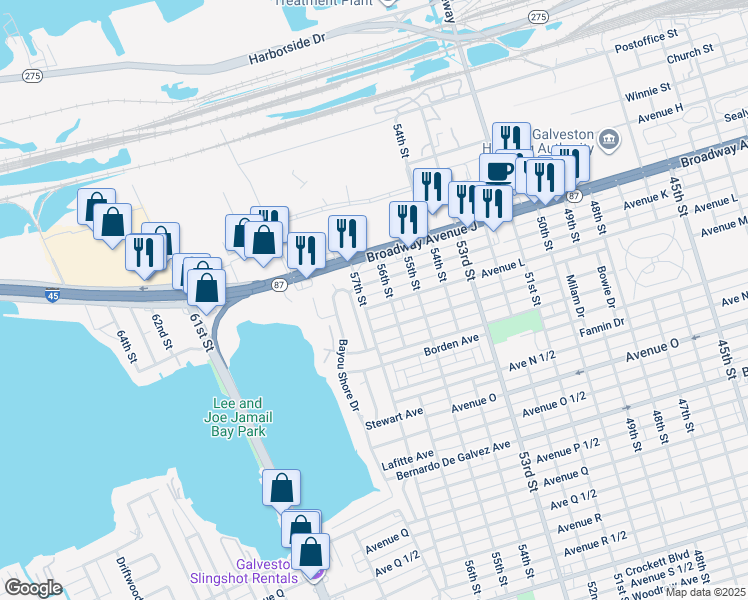 map of restaurants, bars, coffee shops, grocery stores, and more near 5611 Avenue K in Galveston
