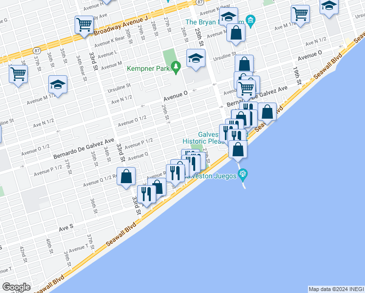 map of restaurants, bars, coffee shops, grocery stores, and more near 2828 Avenue Q in Galveston