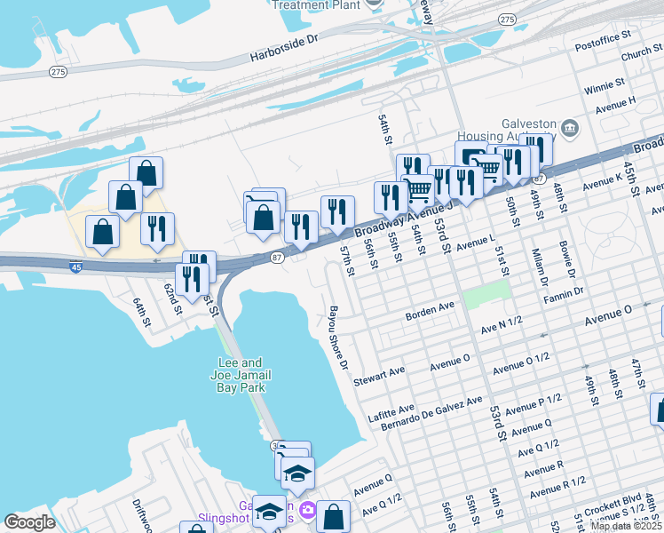 map of restaurants, bars, coffee shops, grocery stores, and more near 1013 Bayou Shore Drive in Galveston