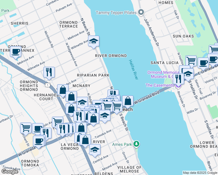 map of restaurants, bars, coffee shops, grocery stores, and more near 130 North Beach Street in Ormond Beach