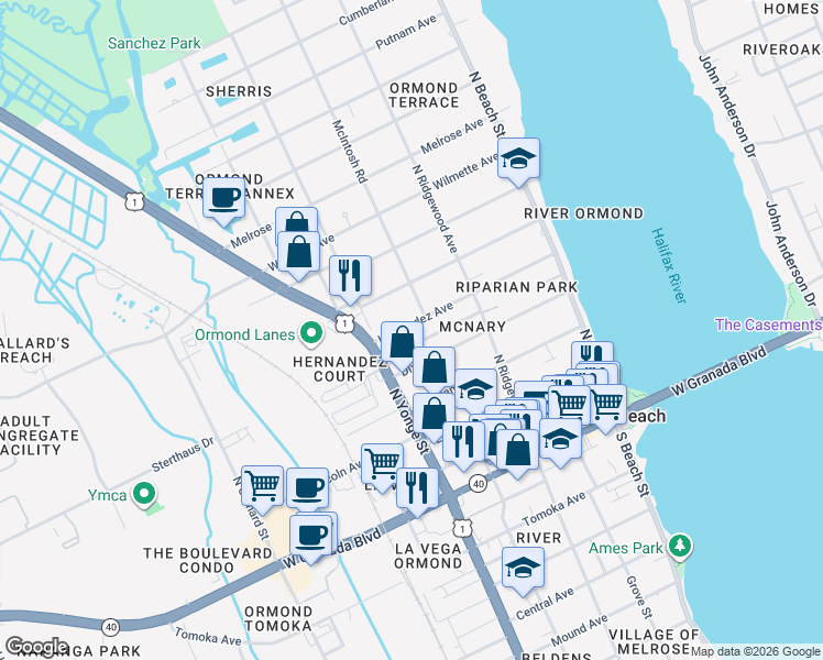map of restaurants, bars, coffee shops, grocery stores, and more near 180 Hernandez Avenue in Ormond Beach