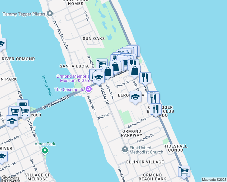 map of restaurants, bars, coffee shops, grocery stores, and more near 55 Seton Trail in Ormond Beach