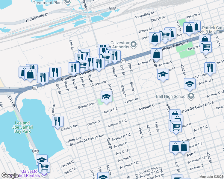 map of restaurants, bars, coffee shops, grocery stores, and more near 5013 Avenue M in Galveston