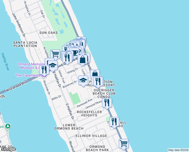 map of restaurants, bars, coffee shops, grocery stores, and more near 111 South Atlantic Avenue in Ormond Beach