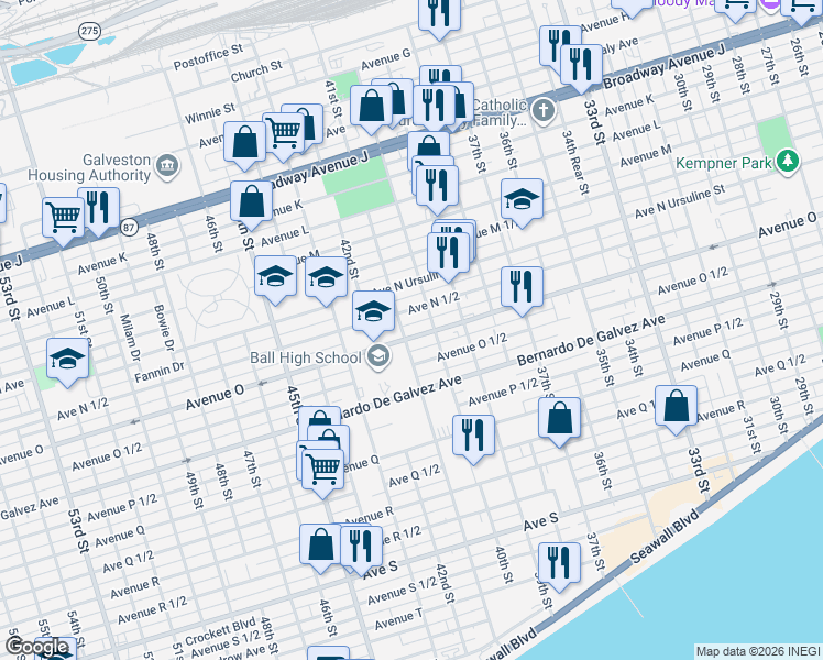map of restaurants, bars, coffee shops, grocery stores, and more near 1614 Jack Johnson Boulevard in Galveston