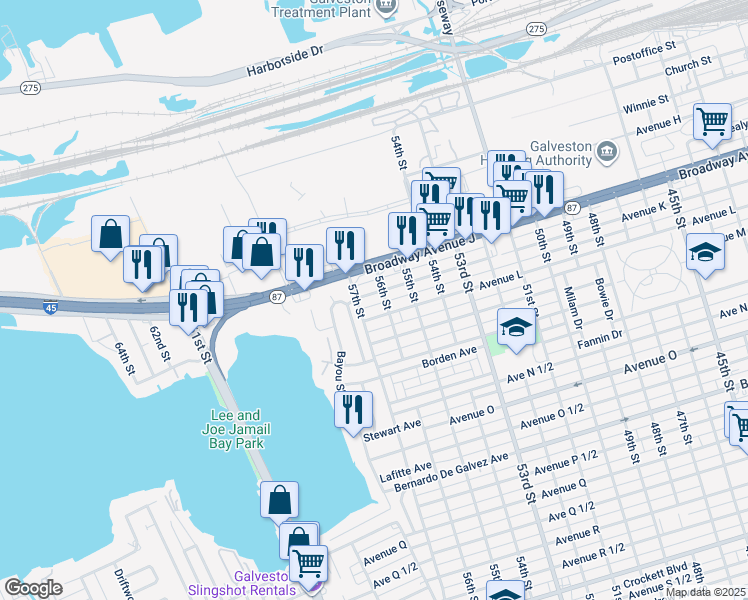 map of restaurants, bars, coffee shops, grocery stores, and more near 5611 Avenue K in Galveston