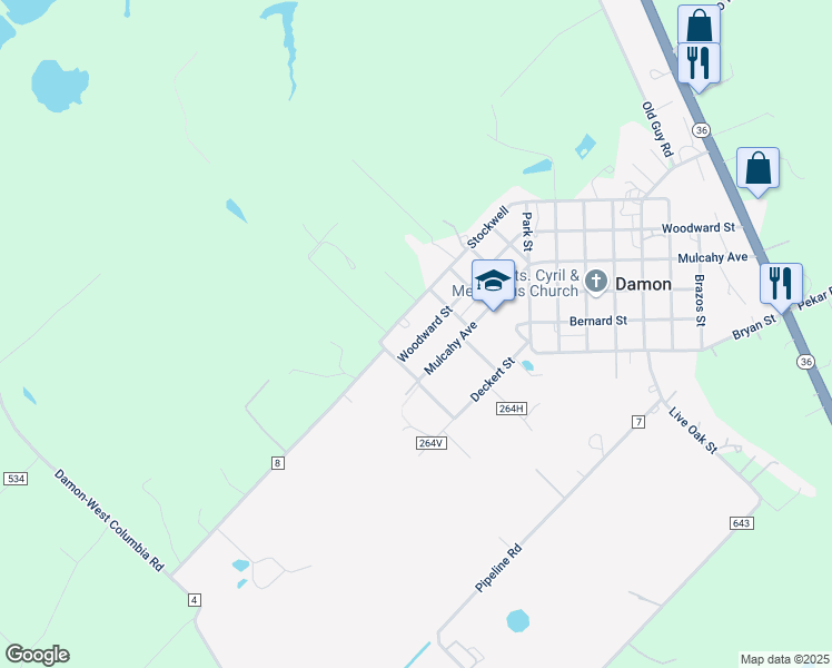 map of restaurants, bars, coffee shops, grocery stores, and more near 1414 Woodward Street in Damon