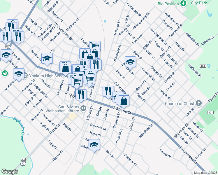 map of restaurants, bars, coffee shops, grocery stores, and more near 203 West Grand Avenue in Yoakum