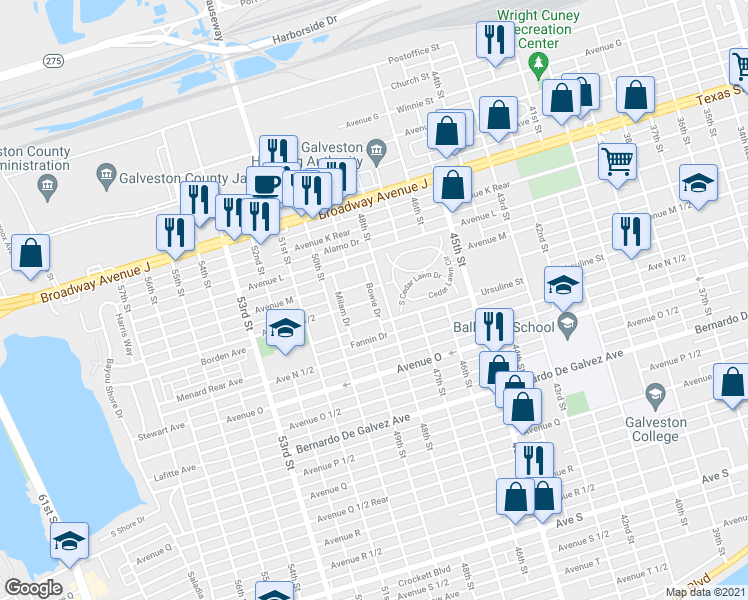 map of restaurants, bars, coffee shops, grocery stores, and more near 1336 Bowie Drive in Galveston